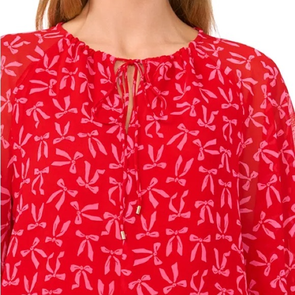 CeCe Red and Pink Bow 🎀 Print Blouse - Picture 3 of 7